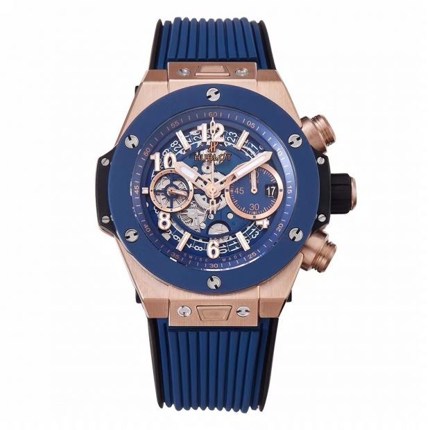 Big Bang Unico RG 45mm BBF 1:1 Best Edition Blue Ceramic Bezel Skeleton Dial on Black Rubber Strap A1280