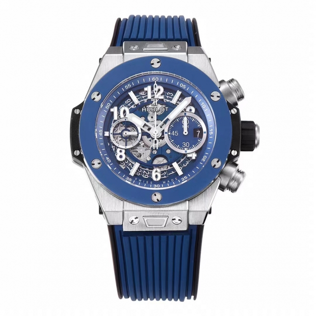 Big Bang Unico RG 45mm BBF 1:1 Best Edition Blue Ceramic Bezel Skeleton Dial on Black Rubber Strap A1280